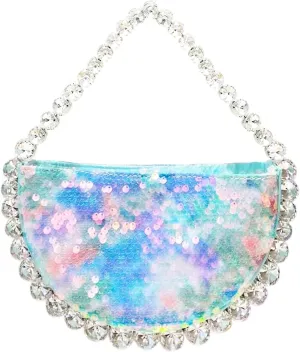 Sequin Evening Bag, Satin Diamond Carrying Handle, Semicircle Clutch Purses for Women, Handbag for Wedding, Prom, Parties, Travel(Blue)
