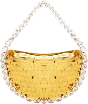 Sequin Evening Bag, Satin Diamond Carrying Handle, Semicircle Clutch Purses for Women, Handbag for Wedding, Prom, Parties, Travel(Gold)
