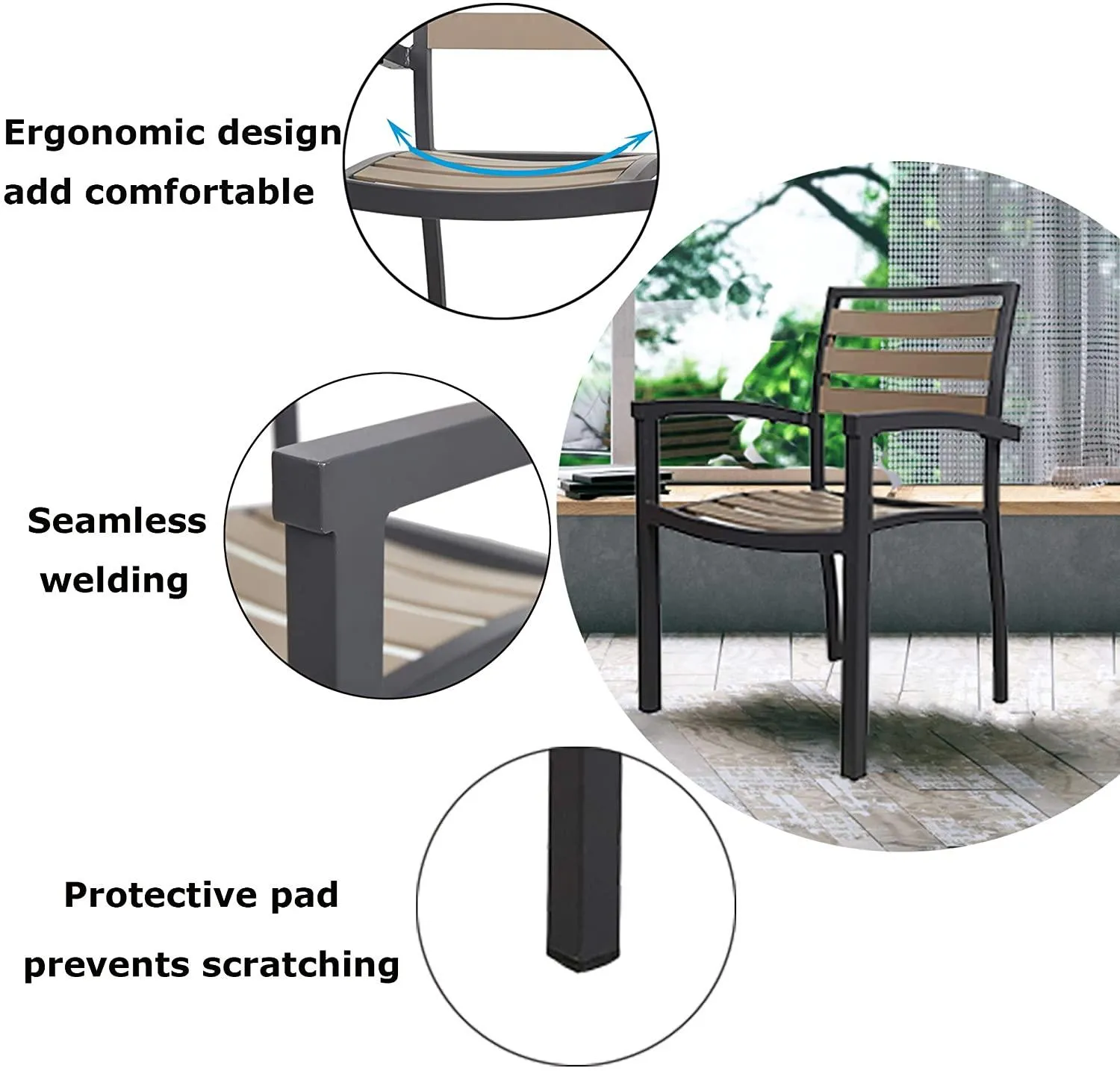 Set of 4 Patio Chairs with Armrest Aluminum Frame Outdoor Dining Chair Stackable Armchair
