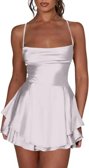 Sexy Backless Dresses for Women Spaghett Cowl Neck Ruffle Layer Satin Mini Dress Silk Sleeveless Flowy Cami Dress