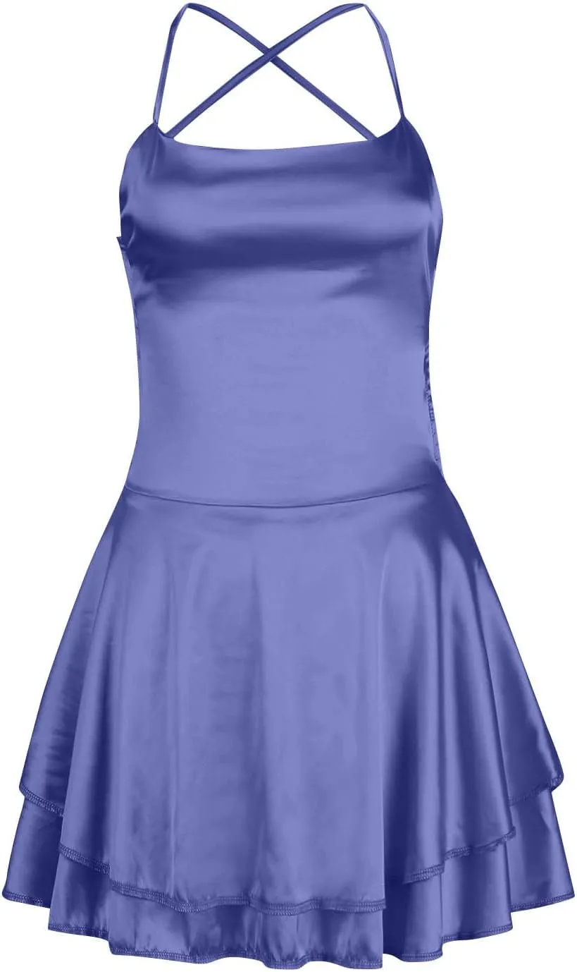 Sexy Backless Dresses for Women Spaghett Cowl Neck Ruffle Layer Satin Mini Dress Silk Sleeveless Flowy Cami Dress