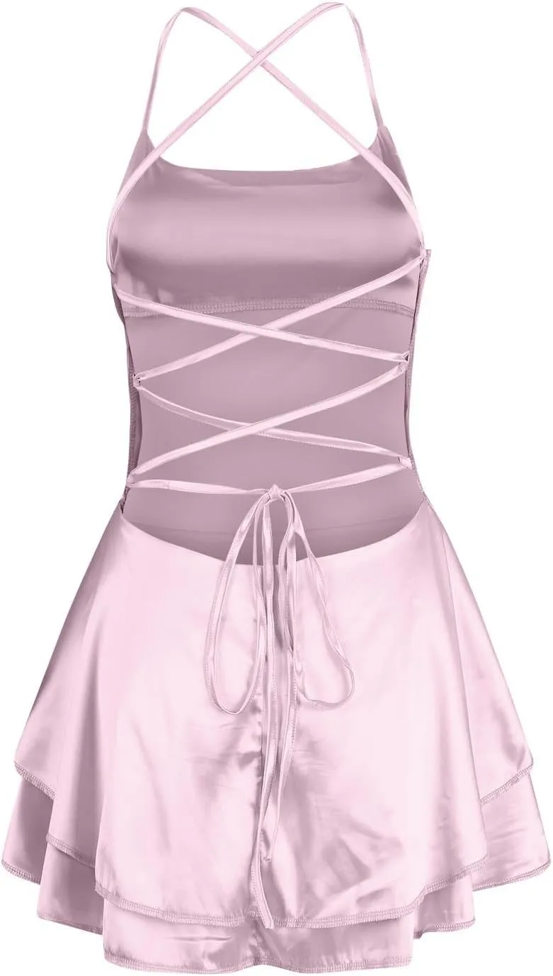 Sexy Backless Dresses for Women Spaghett Cowl Neck Ruffle Layer Satin Mini Dress Silk Sleeveless Flowy Cami Dress