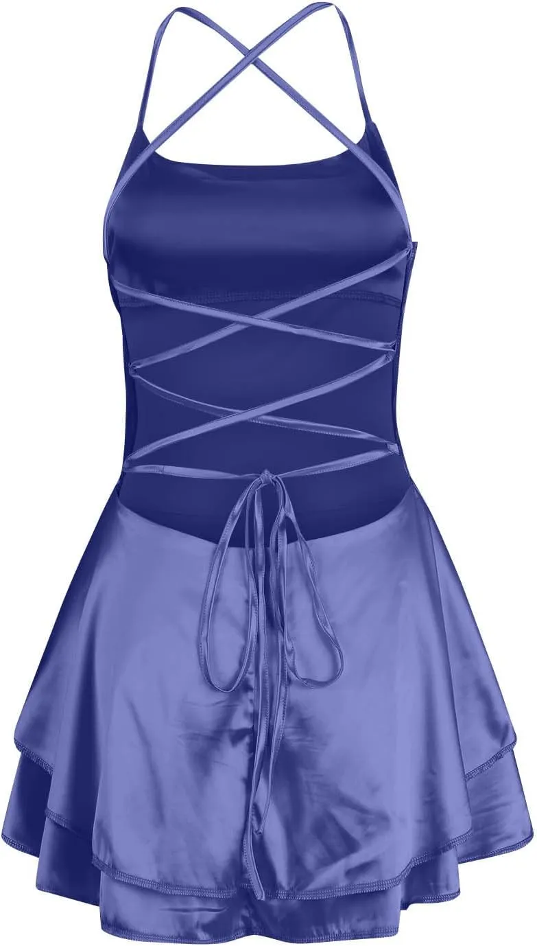 Sexy Backless Dresses for Women Spaghett Cowl Neck Ruffle Layer Satin Mini Dress Silk Sleeveless Flowy Cami Dress