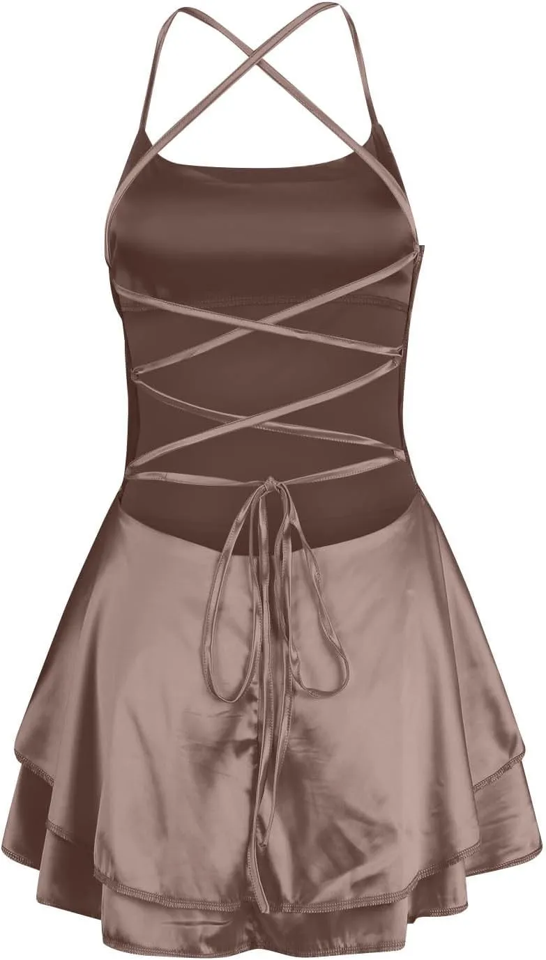Sexy Backless Dresses for Women Spaghett Cowl Neck Ruffle Layer Satin Mini Dress Silk Sleeveless Flowy Cami Dress
