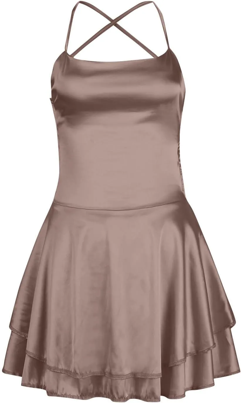 Sexy Backless Dresses for Women Spaghett Cowl Neck Ruffle Layer Satin Mini Dress Silk Sleeveless Flowy Cami Dress