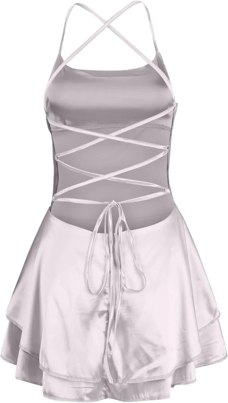 Sexy Backless Dresses for Women Spaghett Cowl Neck Ruffle Layer Satin Mini Dress Silk Sleeveless Flowy Cami Dress