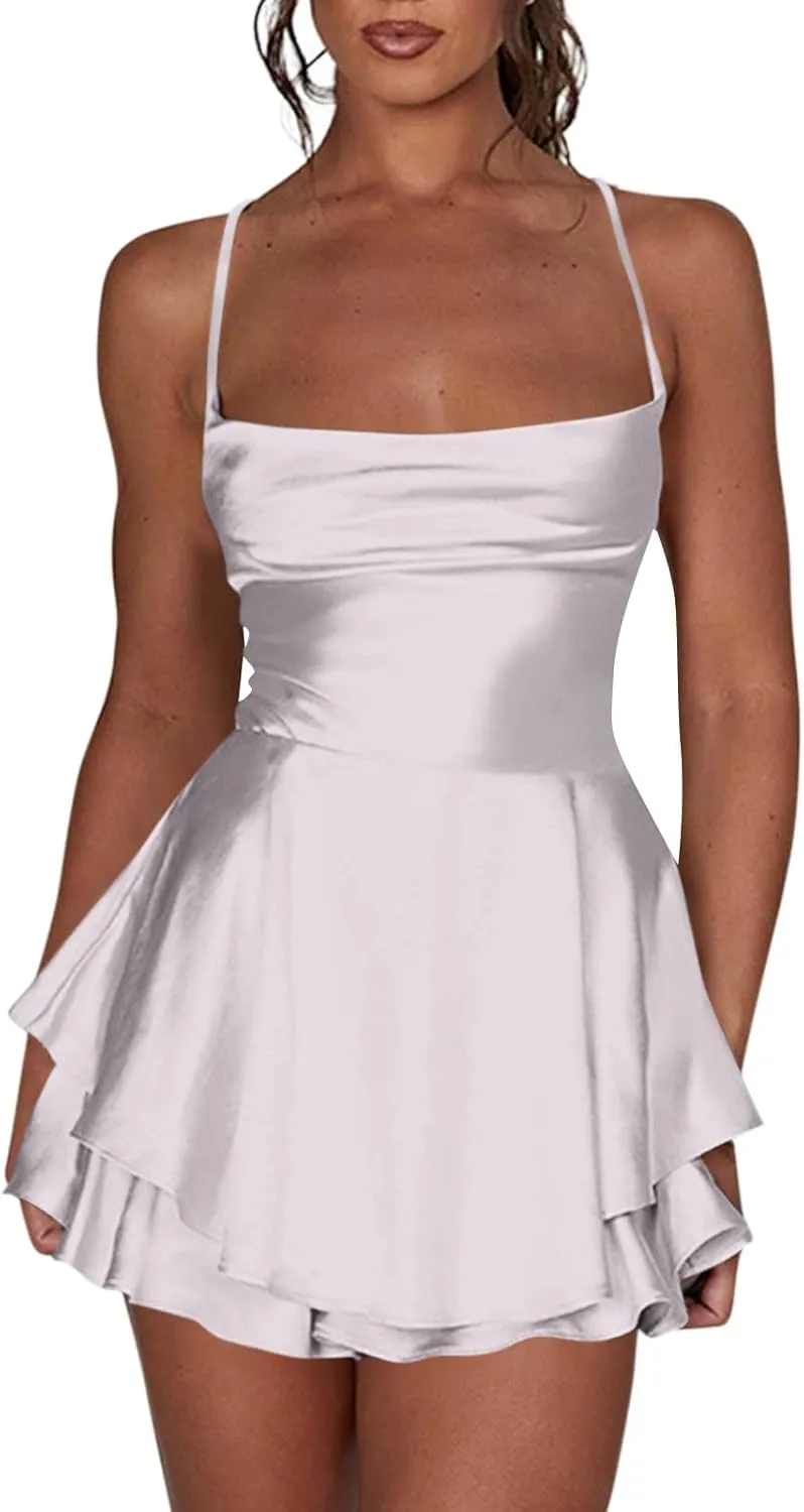 Sexy Backless Dresses for Women Spaghett Cowl Neck Ruffle Layer Satin Mini Dress Silk Sleeveless Flowy Cami Dress