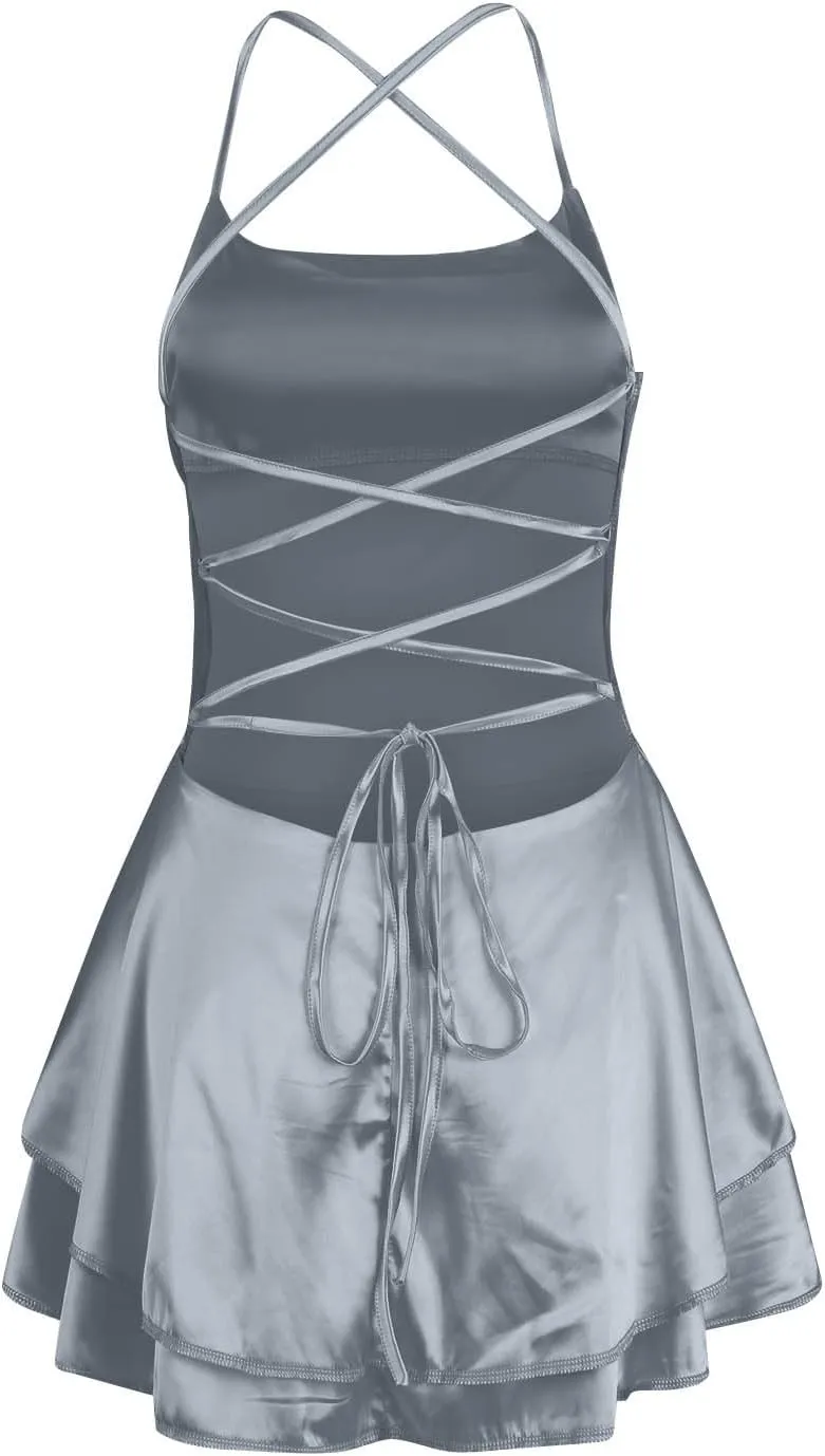 Sexy Backless Dresses for Women Spaghett Cowl Neck Ruffle Layer Satin Mini Dress Silk Sleeveless Flowy Cami Dress