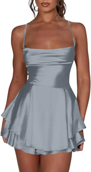 Sexy Backless Dresses for Women Spaghett Cowl Neck Ruffle Layer Satin Mini Dress Silk Sleeveless Flowy Cami Dress