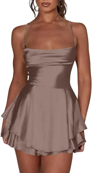 Sexy Backless Dresses for Women Spaghett Cowl Neck Ruffle Layer Satin Mini Dress Silk Sleeveless Flowy Cami Dress