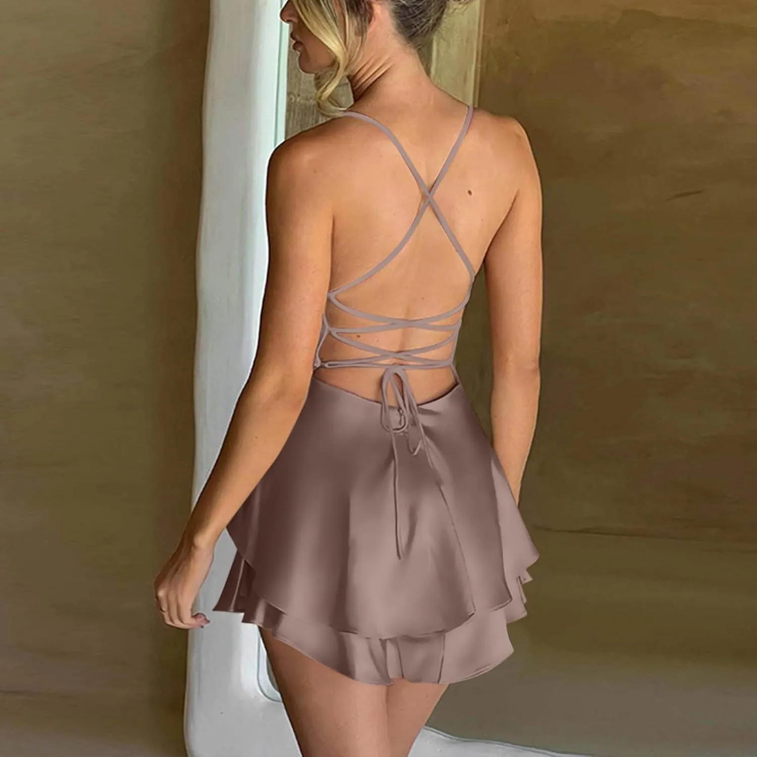 Sexy Backless Dresses for Women Spaghett Cowl Neck Ruffle Layer Satin Mini Dress Silk Sleeveless Flowy Cami Dress