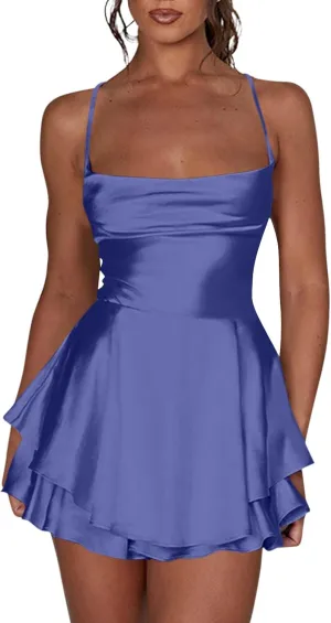 Sexy Backless Dresses for Women Spaghett Cowl Neck Ruffle Layer Satin Mini Dress Silk Sleeveless Flowy Cami Dress
