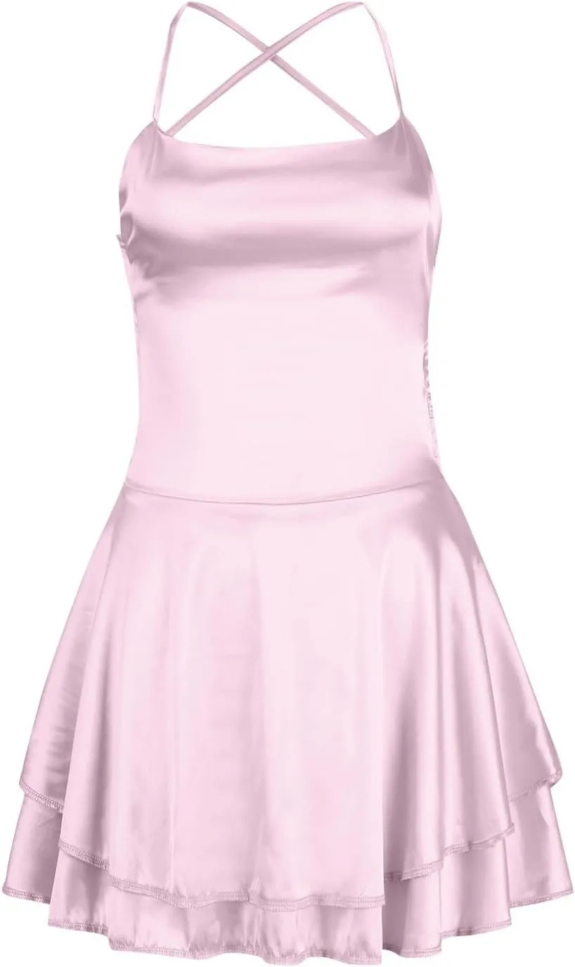 Sexy Backless Dresses for Women Spaghett Cowl Neck Ruffle Layer Satin Mini Dress Silk Sleeveless Flowy Cami Dress