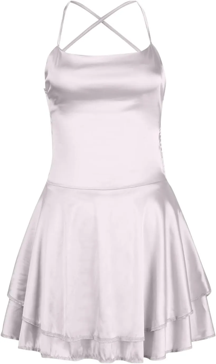 Sexy Backless Dresses for Women Spaghett Cowl Neck Ruffle Layer Satin Mini Dress Silk Sleeveless Flowy Cami Dress