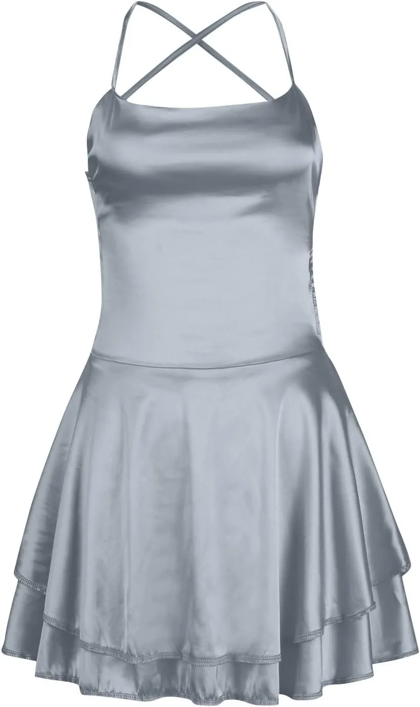 Sexy Backless Dresses for Women Spaghett Cowl Neck Ruffle Layer Satin Mini Dress Silk Sleeveless Flowy Cami Dress