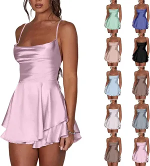 Sexy Backless Dresses for Women Spaghett Cowl Neck Ruffle Layer Satin Mini Dress Silk Sleeveless Flowy Cami Dress