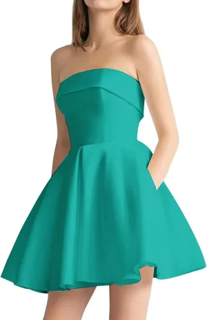 Short Homecoming Prom Dresses 2025 Strapless Mini Wedding Dress for Bride A Line Satin Cocktail Dress Ball Gowns