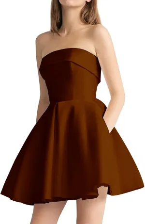 Short Homecoming Prom Dresses 2025 Strapless Mini Wedding Dress for Bride A Line Satin Cocktail Dress Ball Gowns