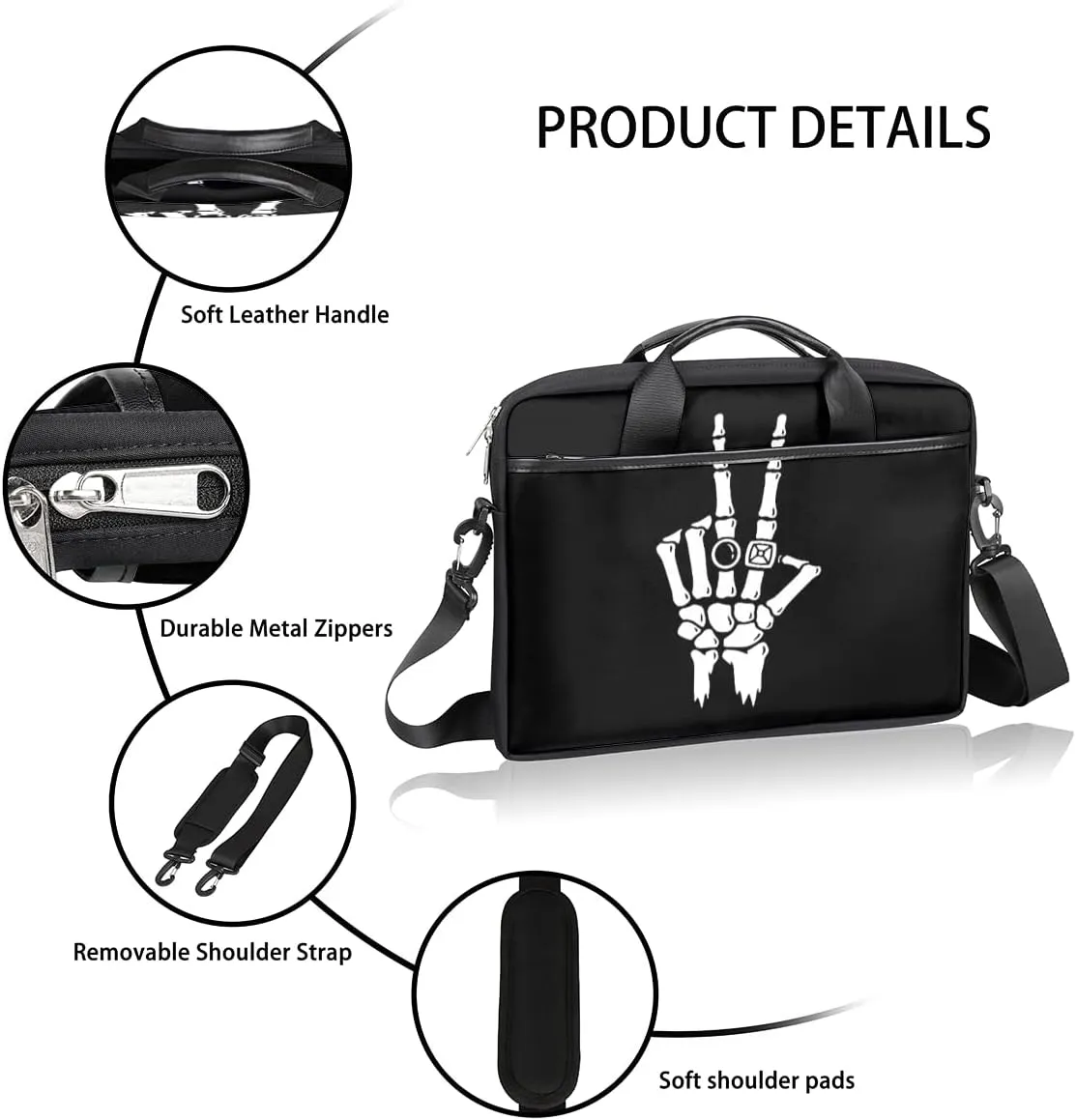 Skeleton Hand With Ring White Black Laptop Shoulder Messenger Bag Waterproof Laptop Briefcase with Padded Strap