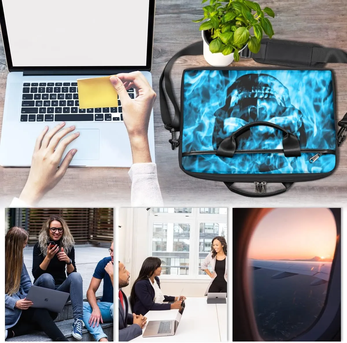 Skull And Floral Pattern Laptop Shoulder Messenger Bag Waterproof Laptop Briefcase Handle Padded Strap