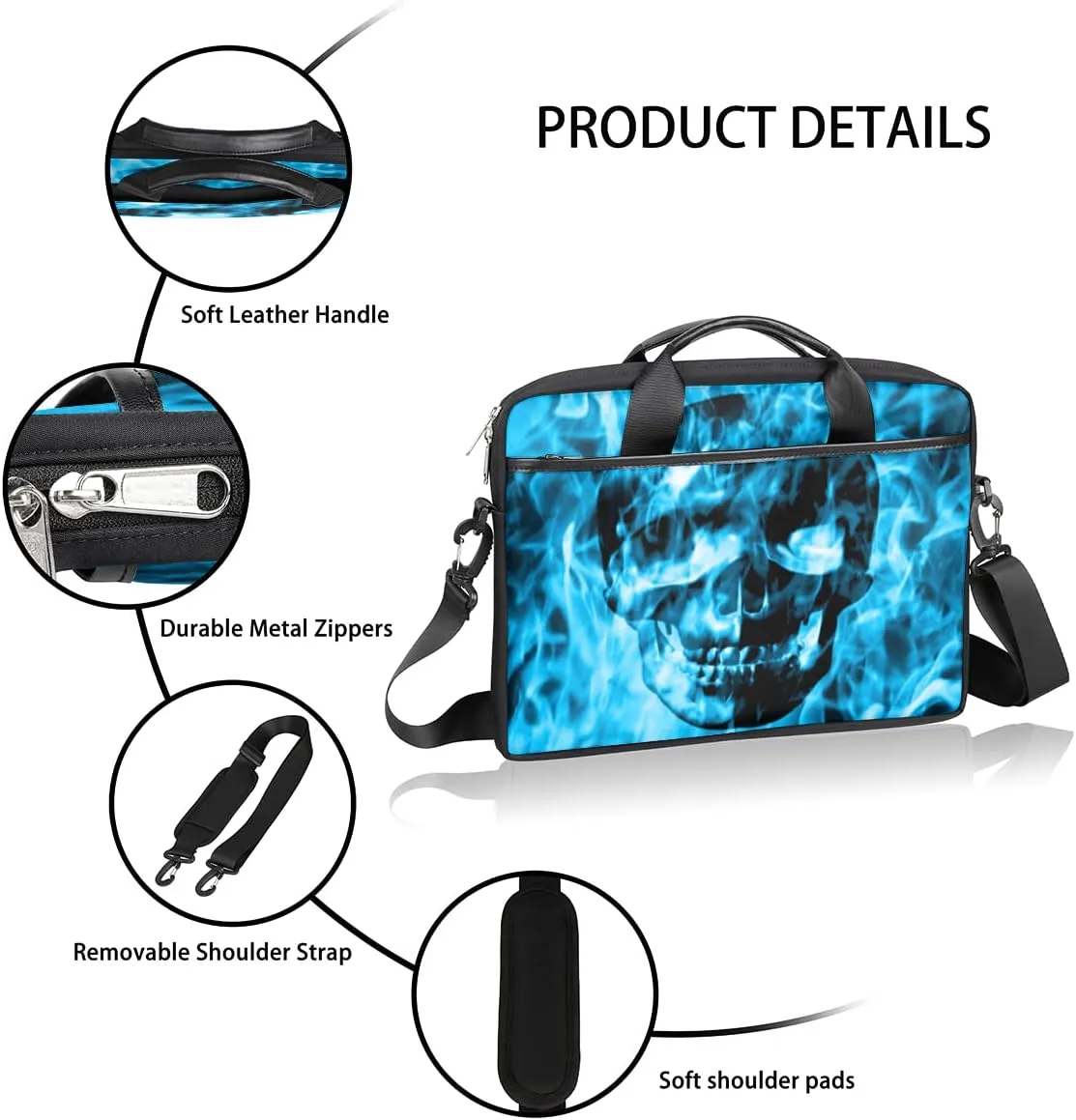 Skull And Floral Pattern Laptop Shoulder Messenger Bag Waterproof Laptop Briefcase Handle Padded Strap