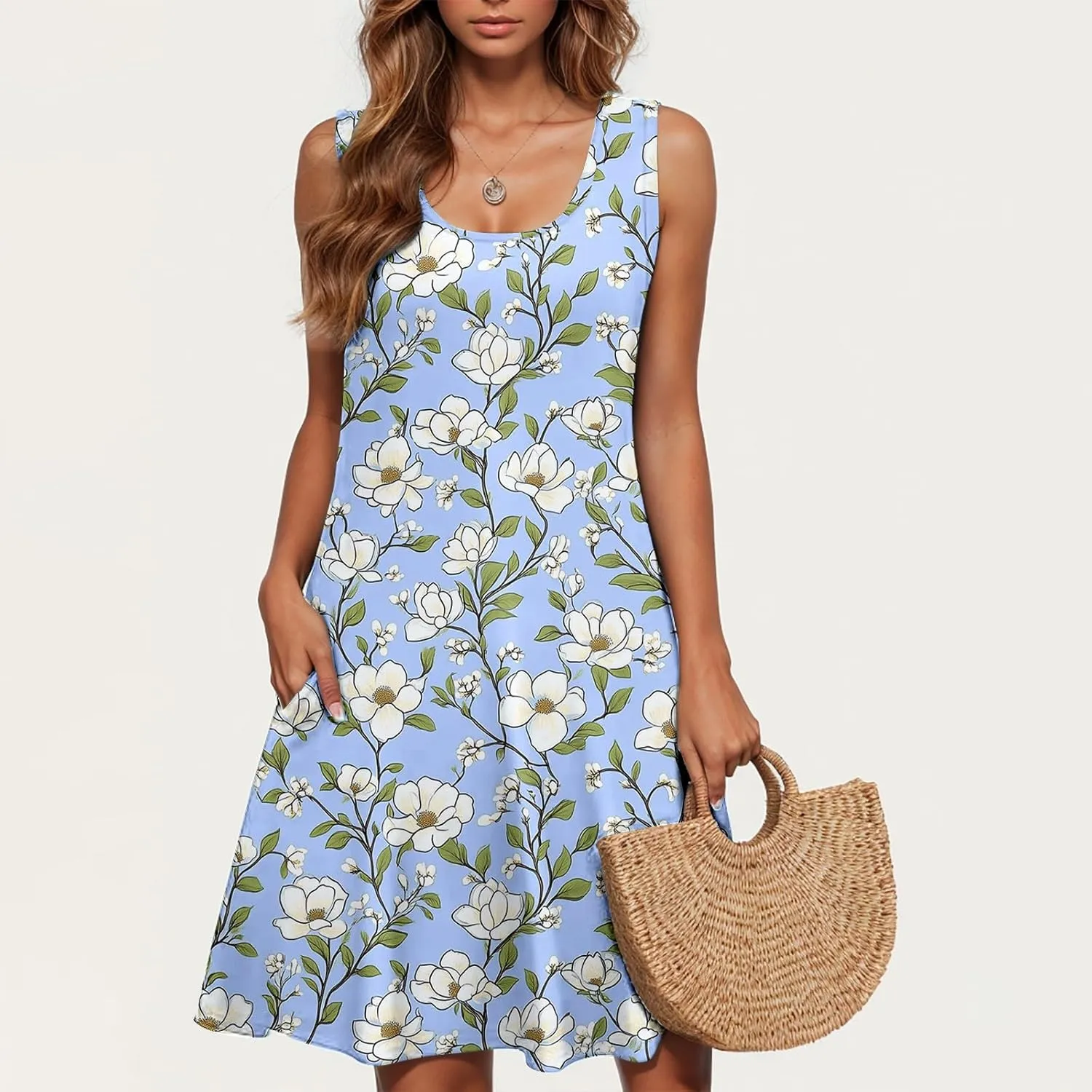 Sleeveless Dress for Women Loose Floral Print Round Neck Sundresses Summer Beach Tank Dress with Pockets