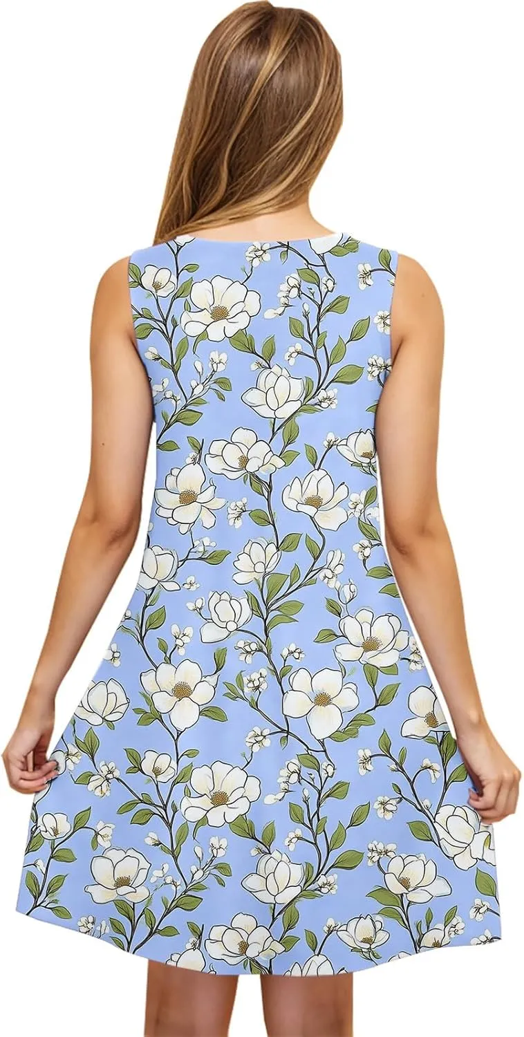 Sleeveless Dress for Women Loose Floral Print Round Neck Sundresses Summer Beach Tank Dress with Pockets