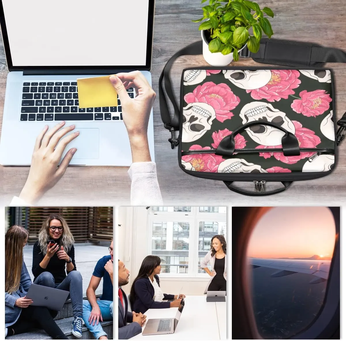 Small Blue Flower Laptop Shoulder Messenger Bag Waterproof Laptop Briefcase Handle Padded Strap