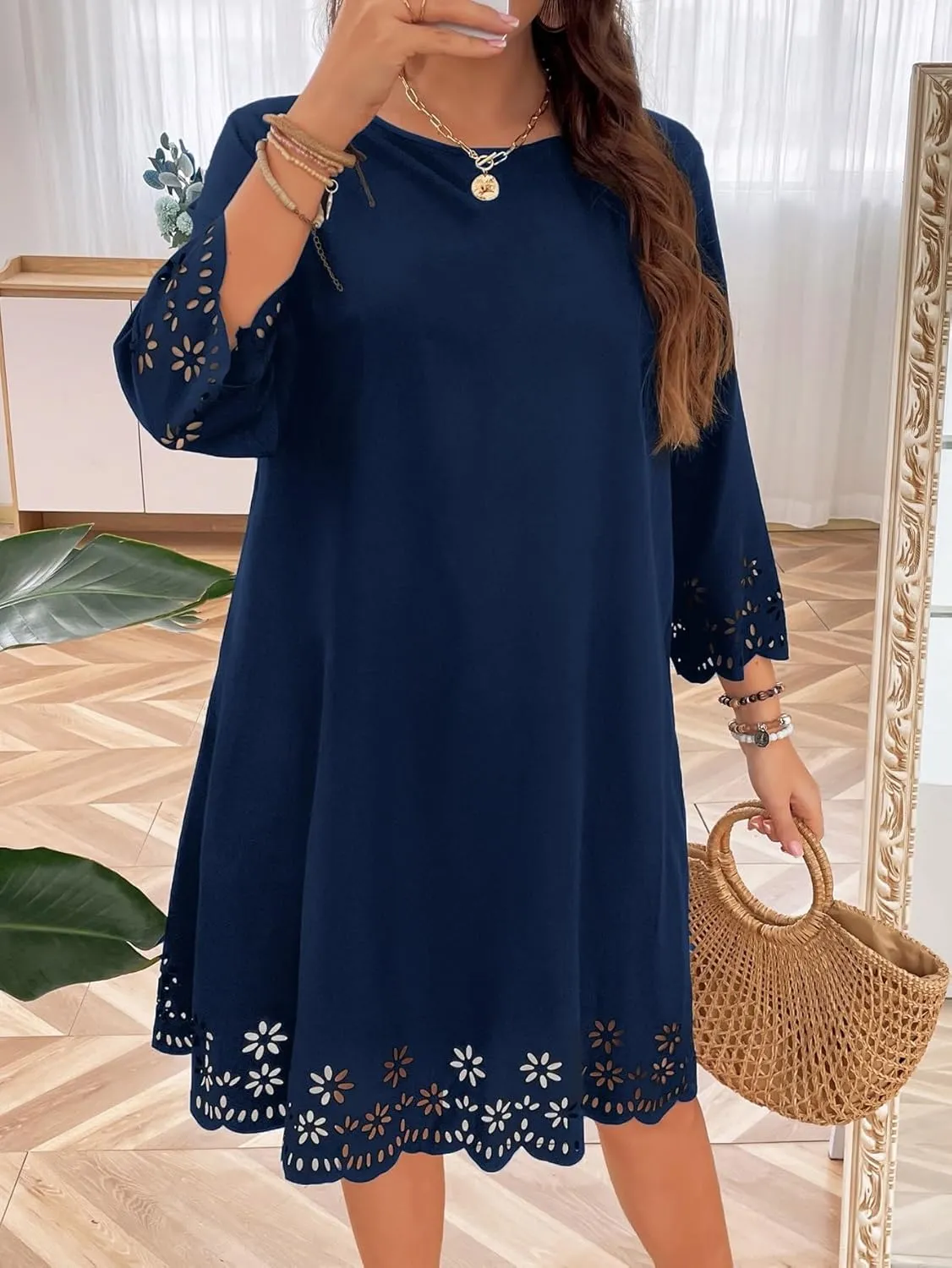 SOLY HUX Women's Plus Size Cut Out Scalloped Trim Tunic Dress 3/4 Sleeve Summer Short Dress