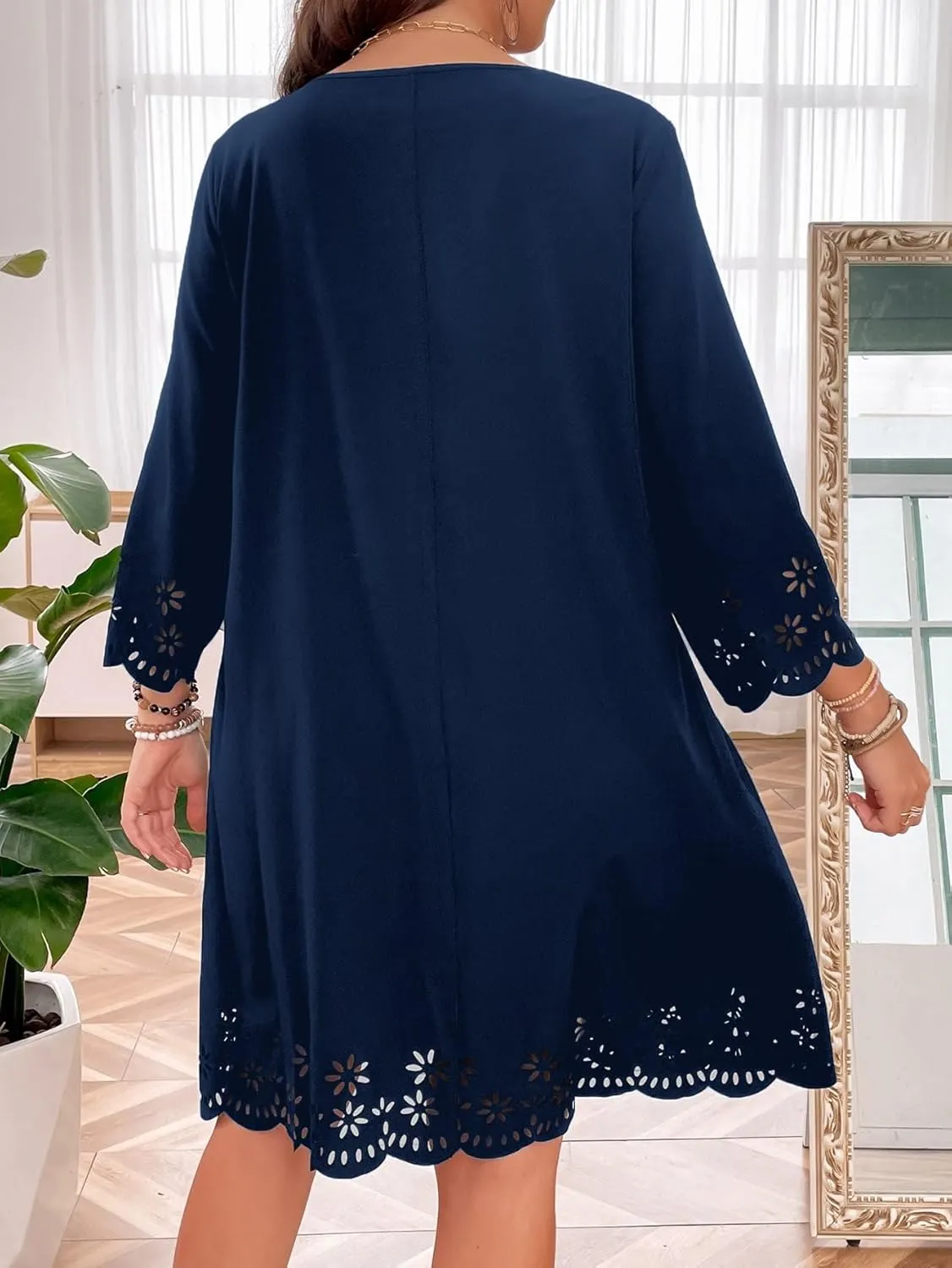SOLY HUX Women's Plus Size Cut Out Scalloped Trim Tunic Dress 3/4 Sleeve Summer Short Dress