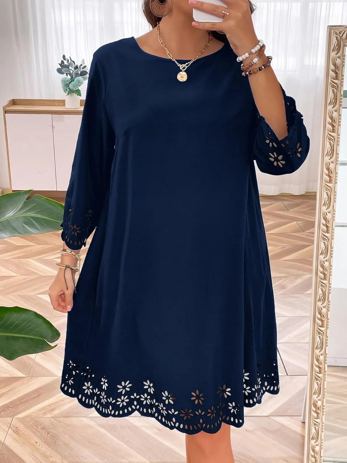 SOLY HUX Women's Plus Size Cut Out Scalloped Trim Tunic Dress 3/4 Sleeve Summer Short Dress