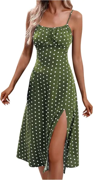 Spaghetti Strap Dresses for Women 2024 Summer Sexy Sundresses Polka Dot Print Midi Dress Side Split Boho Dresses