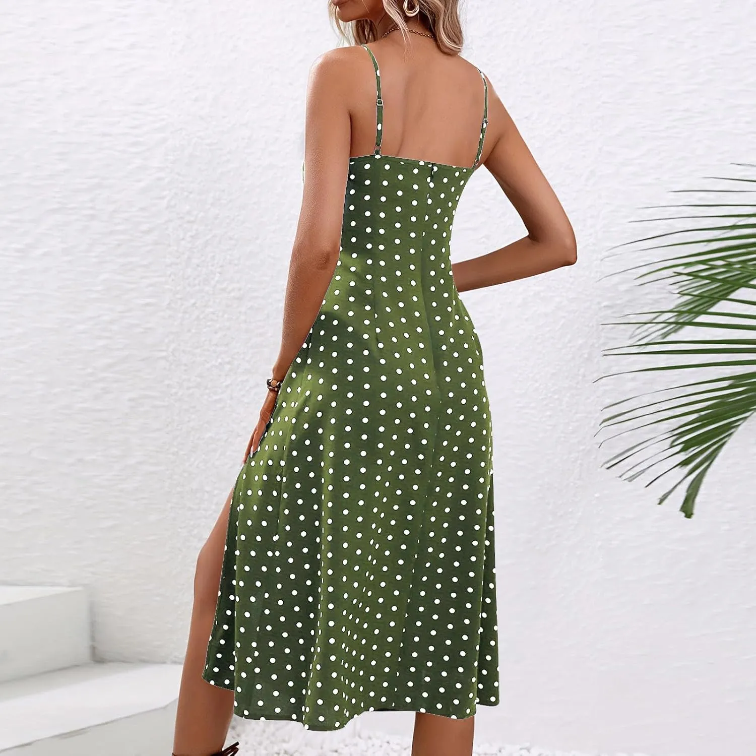 Spaghetti Strap Dresses for Women 2024 Summer Sexy Sundresses Polka Dot Print Midi Dress Side Split Boho Dresses