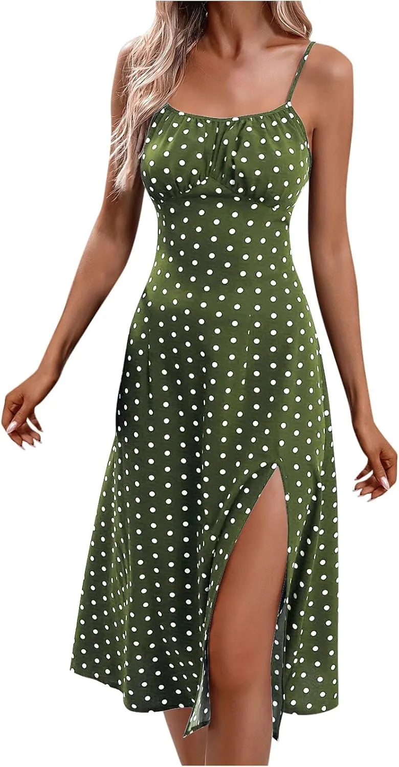 Spaghetti Strap Dresses for Women 2024 Summer Sexy Sundresses Polka Dot Print Midi Dress Side Split Boho Dresses