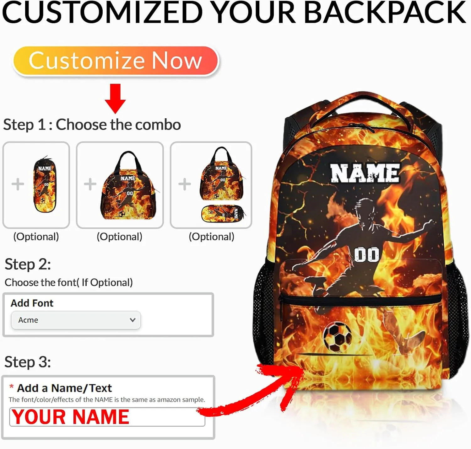Sport Backpack for Boys - Custom Soccer Player Print Backpacks for School Travel - 17 Inch Personalized Name Kids Bookbag for Primary Middle College