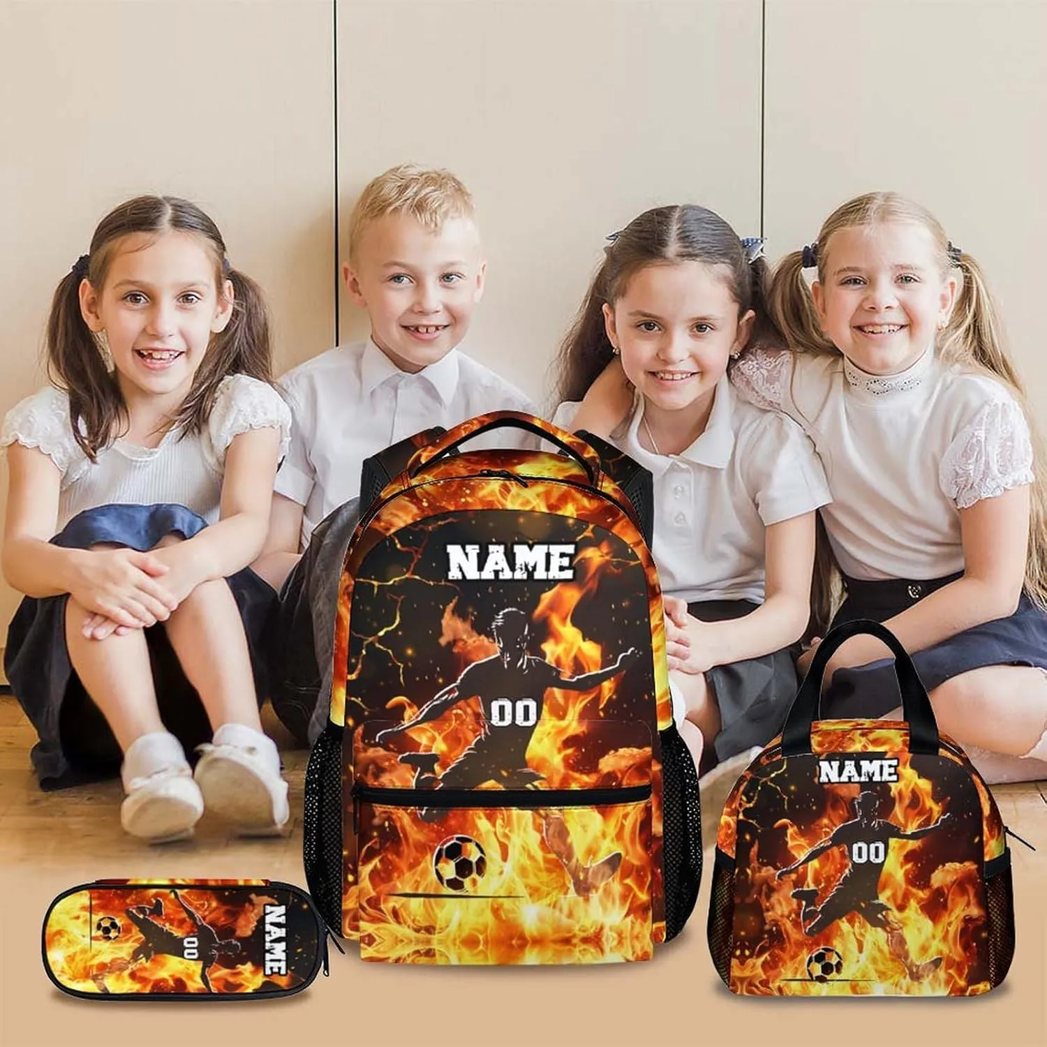 Sport Backpack Set with Lunch Bag Pencil Case for Boys, Custom Soccer Player Print Backpacks for School Travel, 17 Inch Personalized Name Kids Bookbag for Primary Middle College