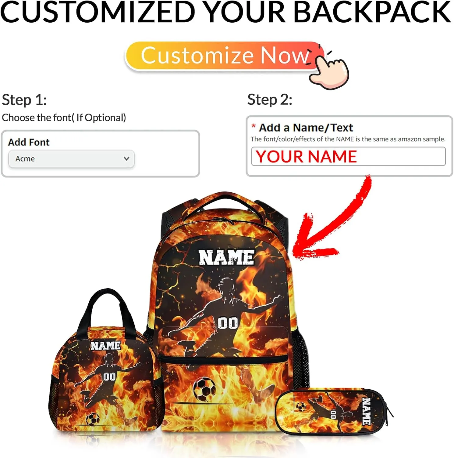 Sport Backpack Set with Lunch Bag Pencil Case for Boys, Custom Soccer Player Print Backpacks for School Travel, 17 Inch Personalized Name Kids Bookbag for Primary Middle College