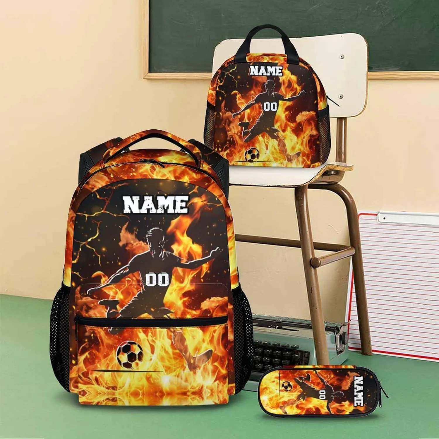 Sport Backpack Set with Lunch Bag Pencil Case for Boys, Custom Soccer Player Print Backpacks for School Travel, 17 Inch Personalized Name Kids Bookbag for Primary Middle College