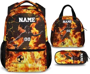 Sport Backpack Set with Lunch Bag Pencil Case for Boys, Custom Soccer Player Print Backpacks for School Travel, 17 Inch Personalized Name Kids Bookbag for Primary Middle College