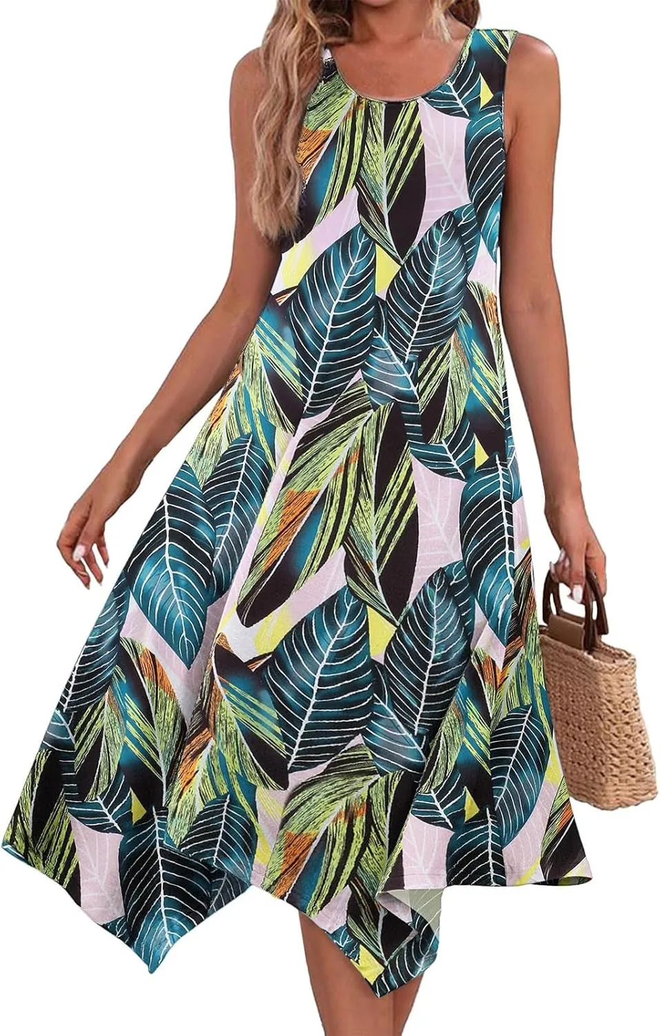 Spring Dresses for Women 2025 Crewneck A-Line Boho Dress Sleeveless Handkerchief Hem Beach Dress Flowy Sundress