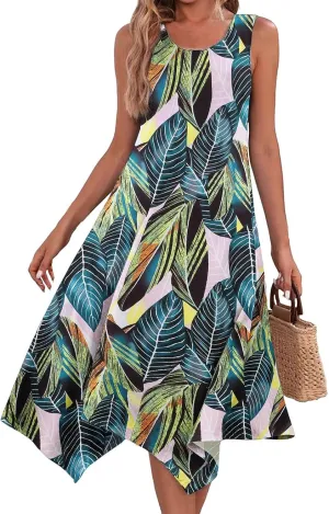 Spring Dresses for Women 2025 Crewneck A-Line Boho Dress Sleeveless Handkerchief Hem Beach Dress Flowy Sundress