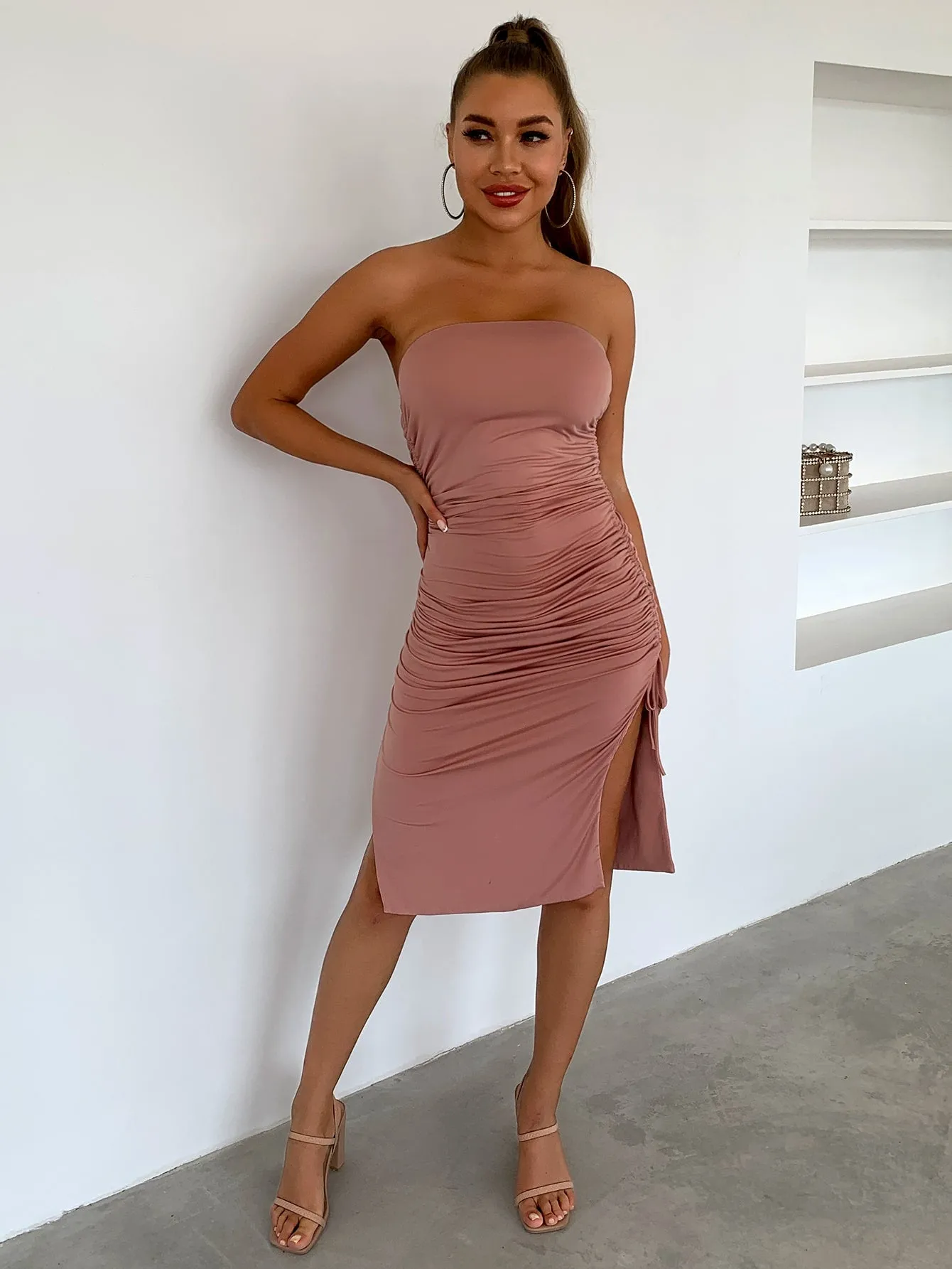 Strapless Drawstring Ruched Bodycon Dress