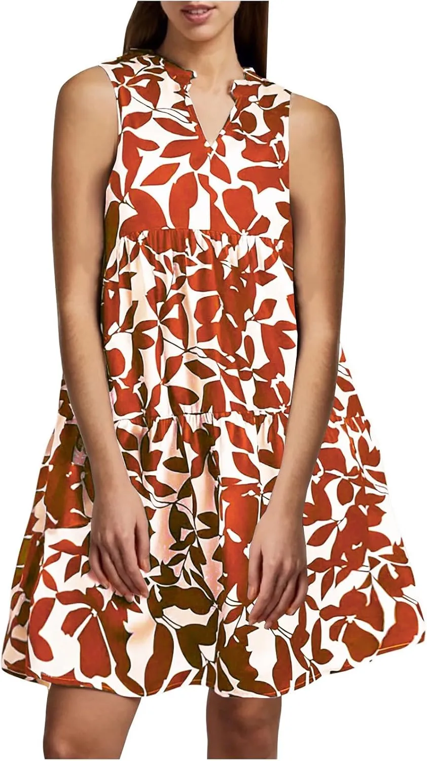 Summer Dress for Women Fashion Floral Print V Neck Loose Flowy Tiered Shirt Mini Dress Boho Pleated Short Sundress