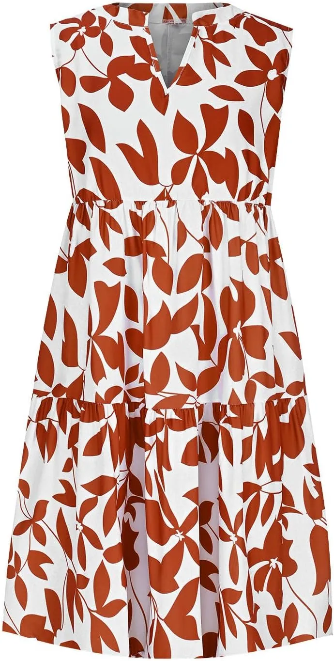 Summer Dress for Women Fashion Floral Print V Neck Loose Flowy Tiered Shirt Mini Dress Boho Pleated Short Sundress