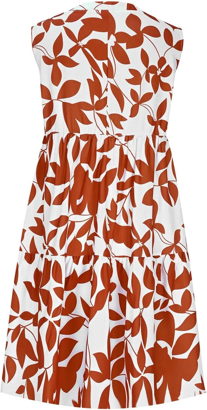 Summer Dress for Women Fashion Floral Print V Neck Loose Flowy Tiered Shirt Mini Dress Boho Pleated Short Sundress