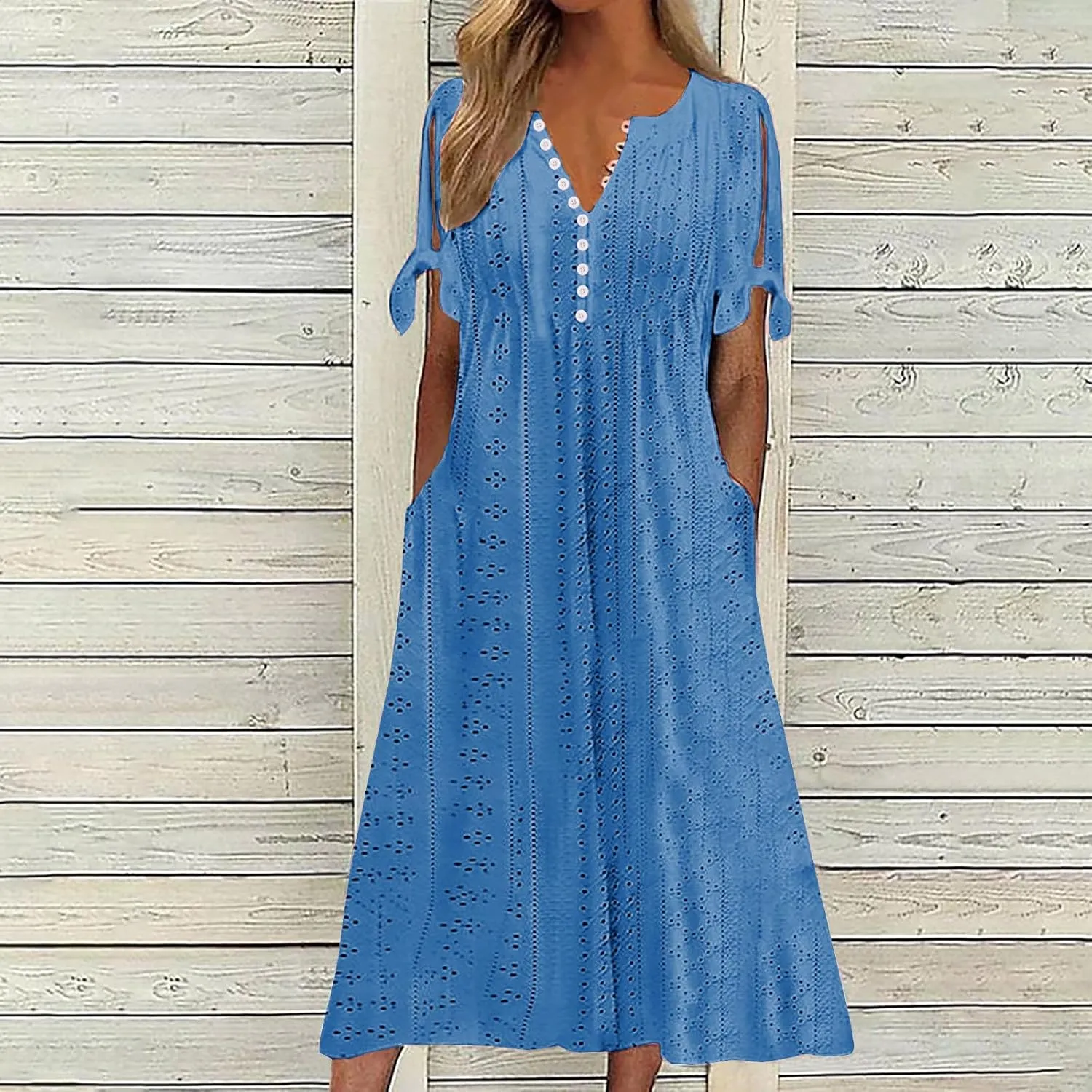 Summer Dresses for Women 2024 Button Down Short Sleeve Eyelet Ruffle Maxi Dress with Pocket Casual Empire Waist Dress