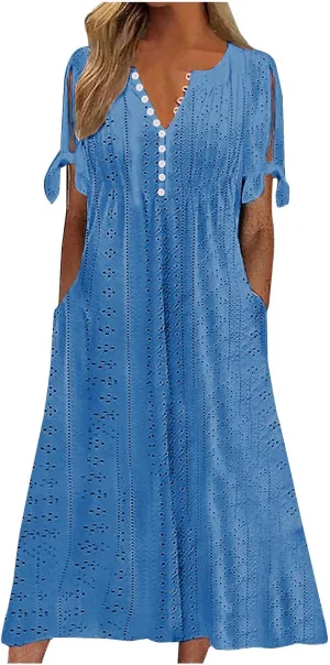 Summer Dresses for Women 2024 Button Down Short Sleeve Eyelet Ruffle Maxi Dress with Pocket Casual Empire Waist Dress