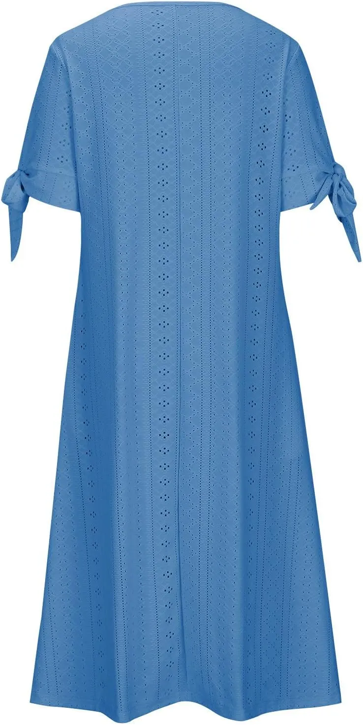 Summer Dresses for Women 2024 Button Down Short Sleeve Eyelet Ruffle Maxi Dress with Pocket Casual Empire Waist Dress