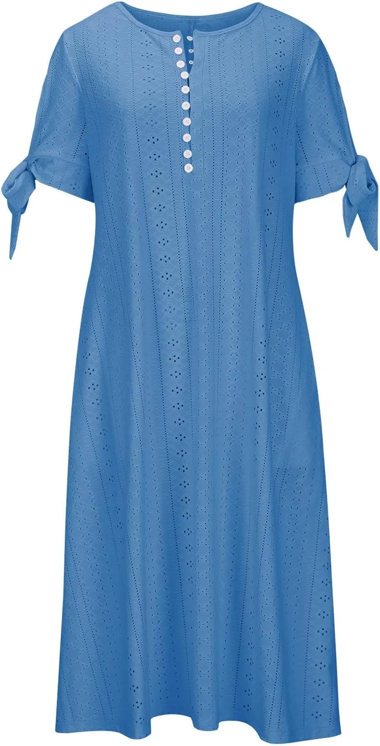 Summer Dresses for Women 2024 Button Down Short Sleeve Eyelet Ruffle Maxi Dress with Pocket Casual Empire Waist Dress