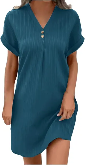 Summer Dresses for Women 2024 Casual V Neck Roll Up Cap Sleeve Mini Dress Beach Vacation A Line Pleated Sundress